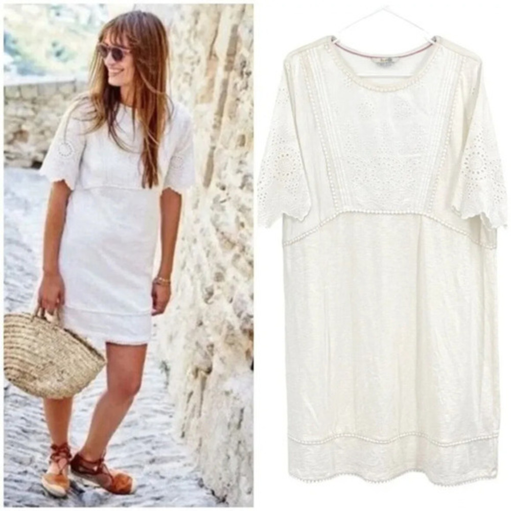 Boden Heidi Dress Womens 12L Ivory Eyelet Short Sleeve Sheath Knee Length Cotton